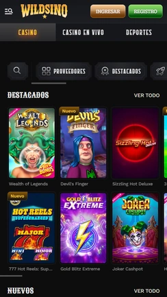 Catálogo móvil de Wildsino con juegos destacados