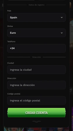 Formulario de dirección de Wildsino con España y euro seleccionados